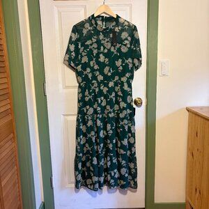 Lulus Floral Dressed Up Dark Green Floral Print Midi Dress XL New With Tags
